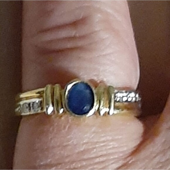18k solid yellow gold blue sapphire and diamond ring size 6 marked 750 - Picture 6 of 6